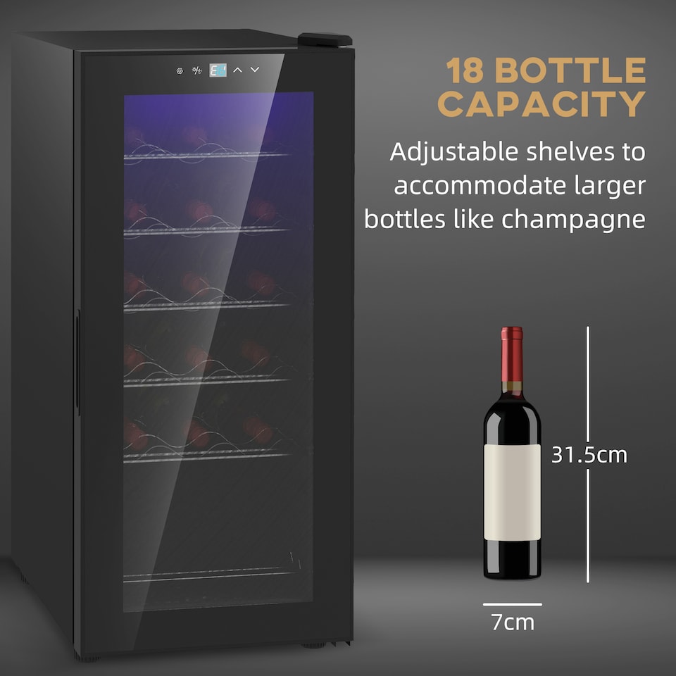image 1 of HOMCOM 50L Wine Cooler, 18 Bottles, 5-18degree Freestanding Wine Fridge with Glass Door, LED Light, Temperature Control and Digital Touch Screen, Black