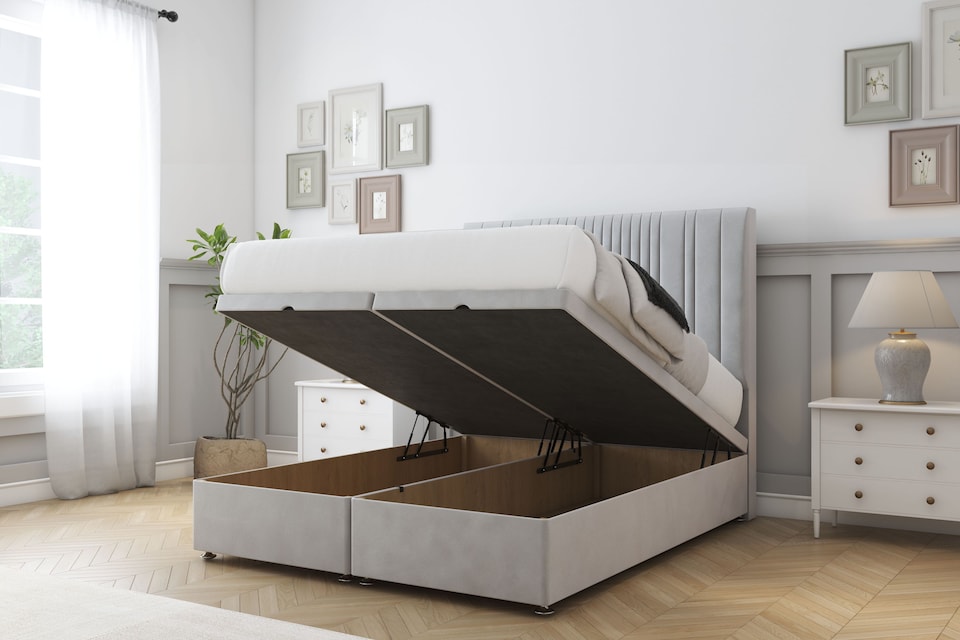 image 1 of Sloomy Kingsley Silver Plush Ottoman Bed With Mattress With 26" Strutted Headboard 4'6 Double