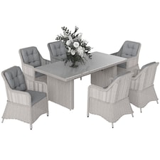 Outsunny 6 Seater Rattan Dining Set, Luxury Round PE Rattan Garden Furniture Set with Cushions, Aluminium Outdoor Dining Table and Chairs with 6 Armchairs, Rectangle Glass Top Table, Grey