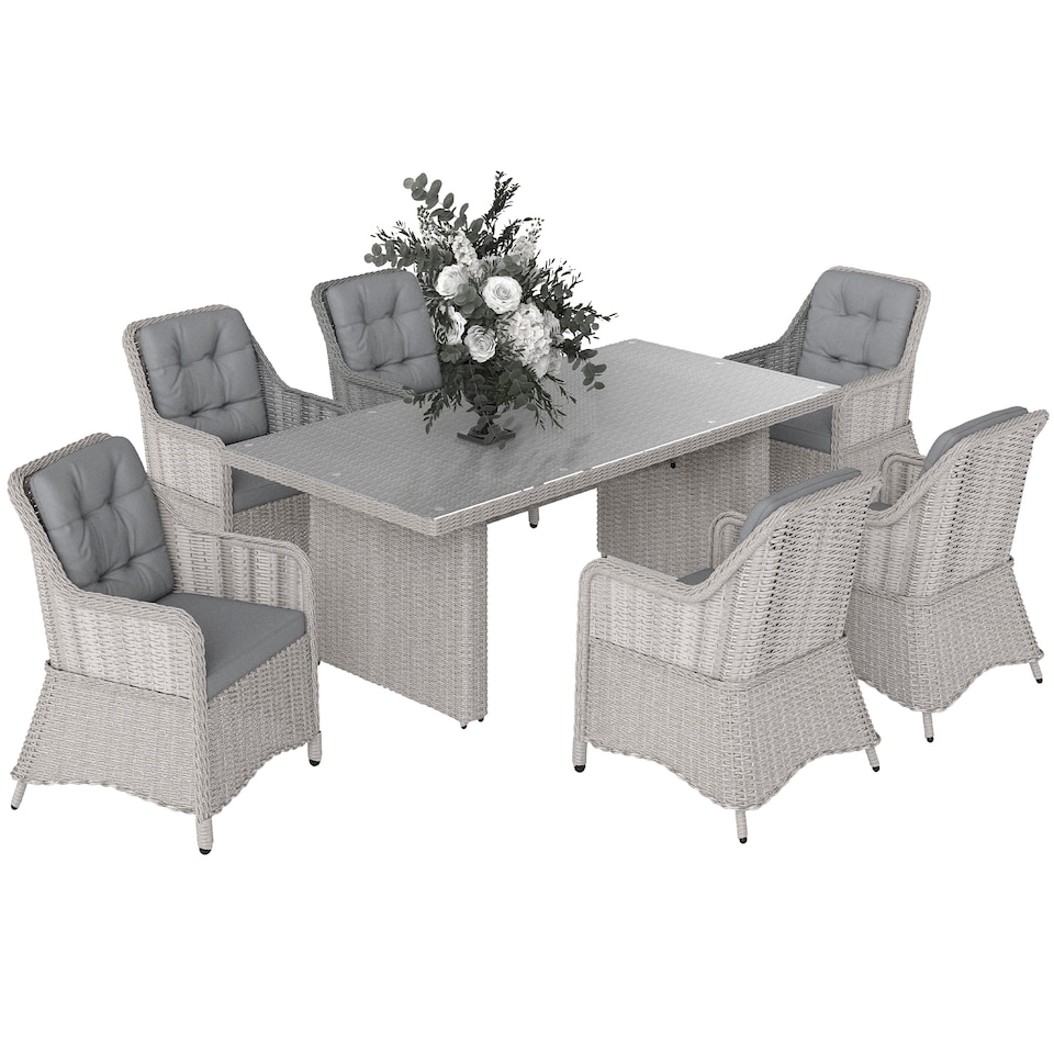 image 1 of Outsunny 6 Seater Rattan Dining Set, Luxury Round PE Rattan Garden Furniture Set with Cushions, Aluminium Outdoor Dining Table and Chairs with 6 Armchairs, Rectangle Glass Top Table, Grey