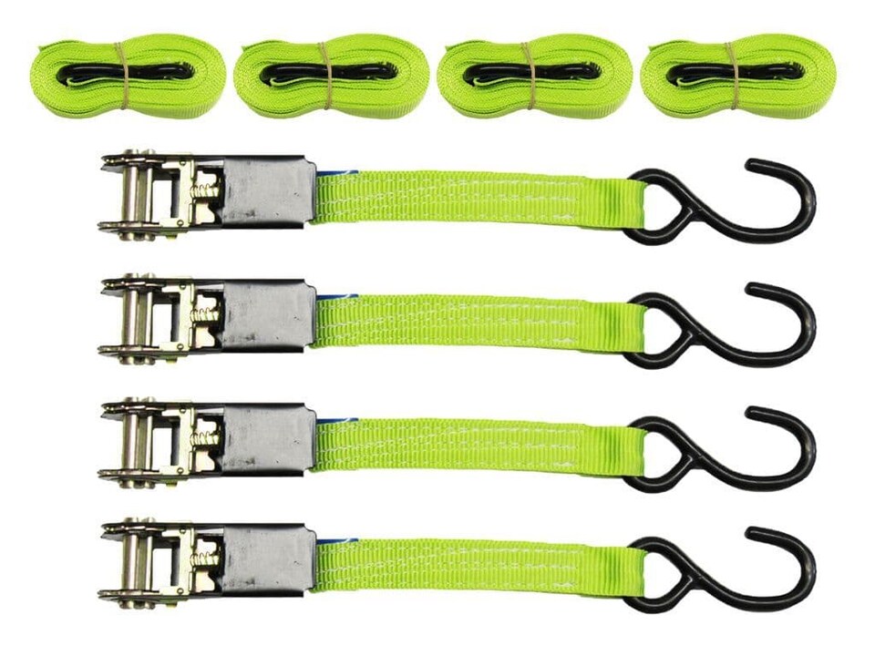 25MM Ratchet Straps 5 Metre 0.67 Ton x4 (800KG 5M Tie Down High Visibility S Hook)
