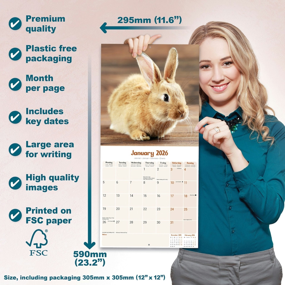 image 1 of Rabbits 2026 Calendar | Square Wall Calendar | Animal Gift | Plastic Free Packaging | by Avonside Publishing