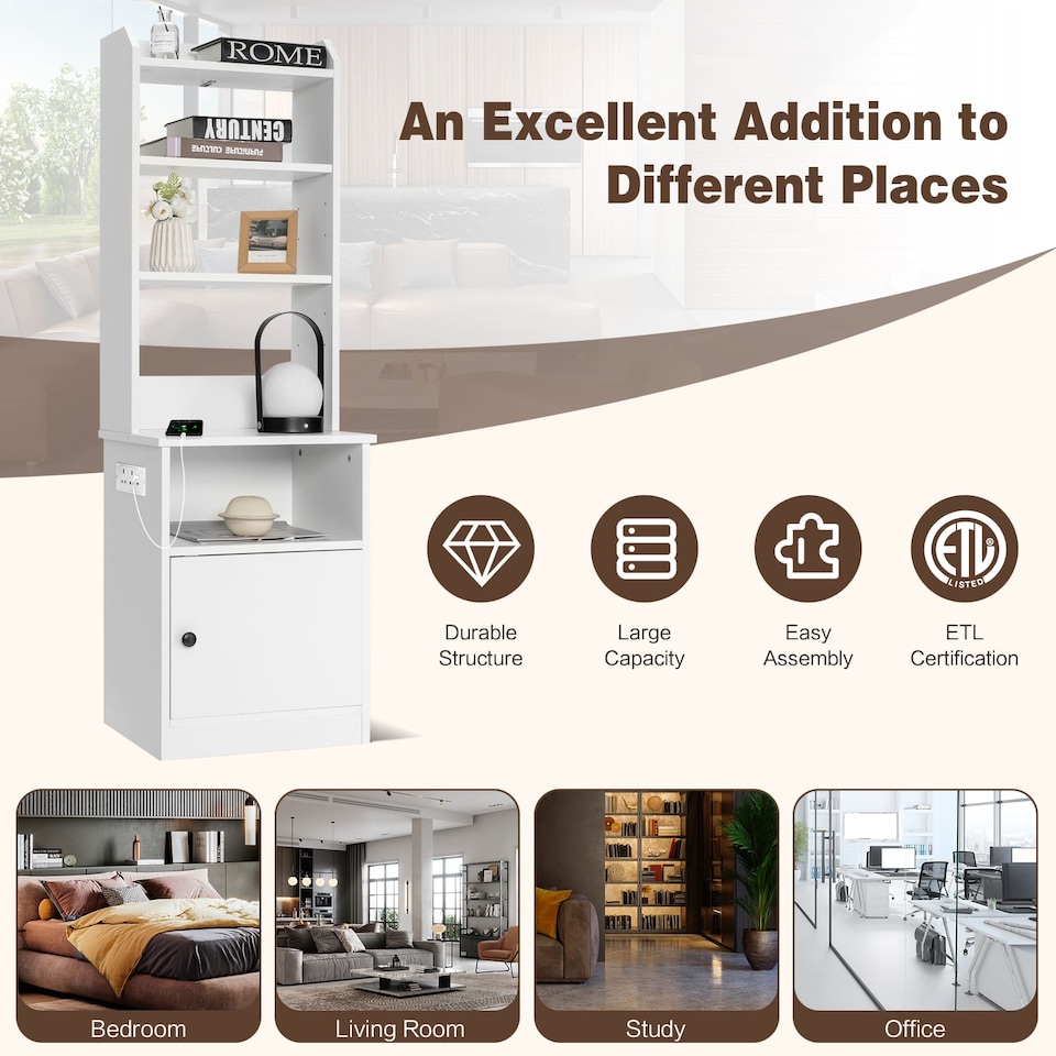 image 1 of COSTWAY 6-Tier Nightstand w/ Charging Station White
