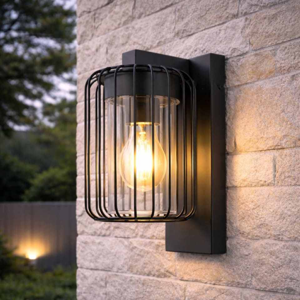 image 1 of CGC ALVIN Black Outdoor Cage Wall Lantern Light with Clear Polycarbonate Diffuser IP54