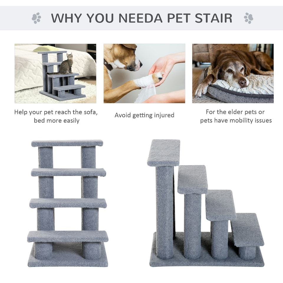 image 1 of PawHut Dog Steps for Bed 4 Step Pet Stairs for Sofa Dog Cat Climb Ladder Grey