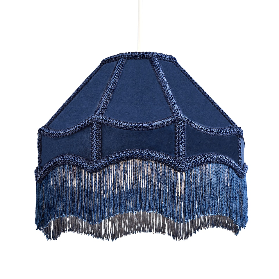 image 1 of Traditional Victorian Empire Lampshade in Midnight Blue Velvet with Tassels | Blue