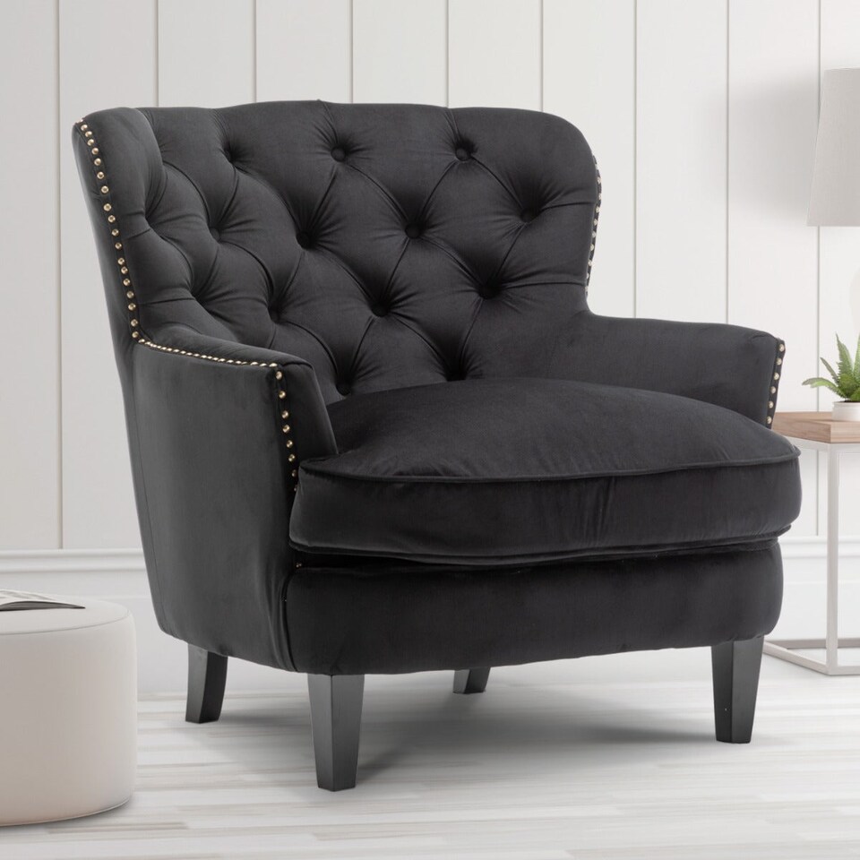 image 1 of Velvet Black Buttoned Ava Accent Chair