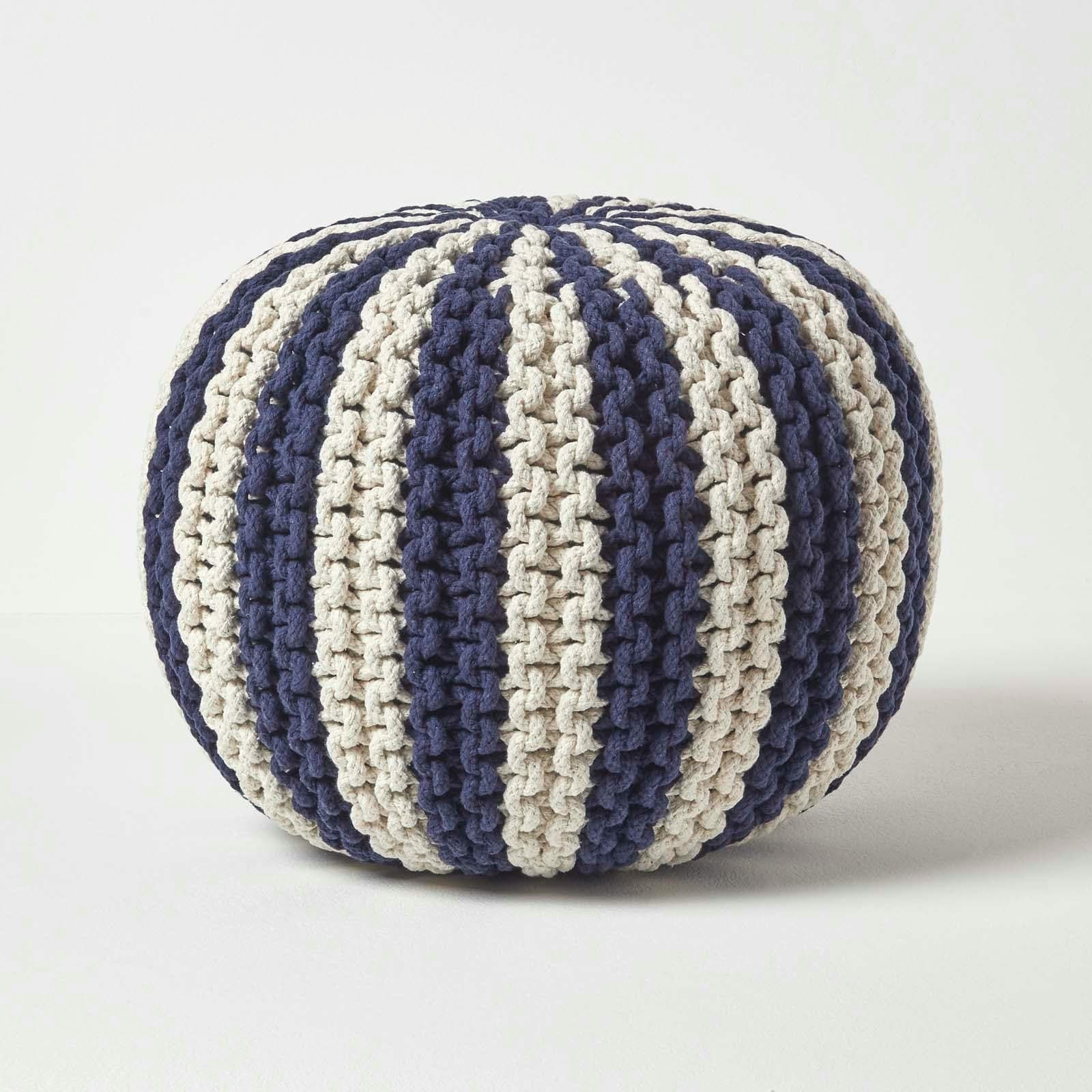 Homescapes Navy and White Knitted Pouffe Striped Footstool - 35 x 40 cm