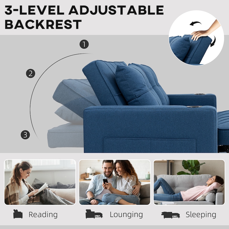 image 1 of HOMCOM 2 Seater Sofa Bed, Linen Click Clack Sleeper Sofa with Pull Out Design, 2 Pillows, Cup Holders, Side Pockets, Convertible Loveseat Bed Settee for Living Room, 157x190cm, Dark Blue