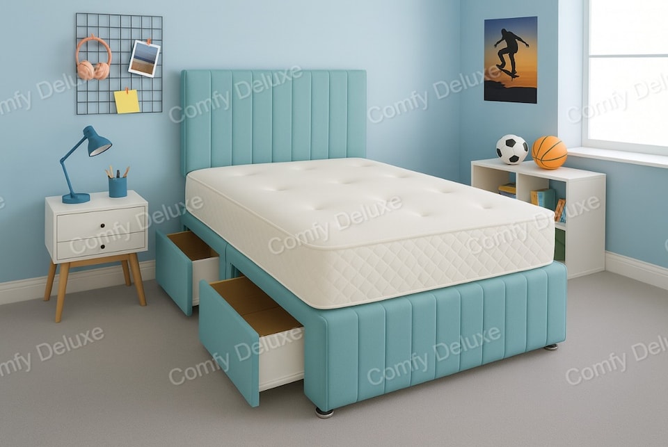Sky Blue Plush 6ft Superking  Divan Bed Set Headboard & Footboard - No Drawers