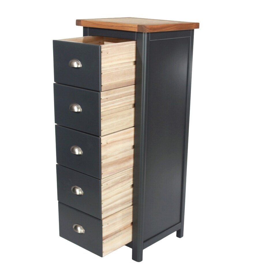 image 1 of Dunkeld 5 Drawer Narrow Chest - Midnight Blue Painted Wood Bedroom Storage with Antique Oak Effect Top and Silver Handles | Blue | Blue | 1