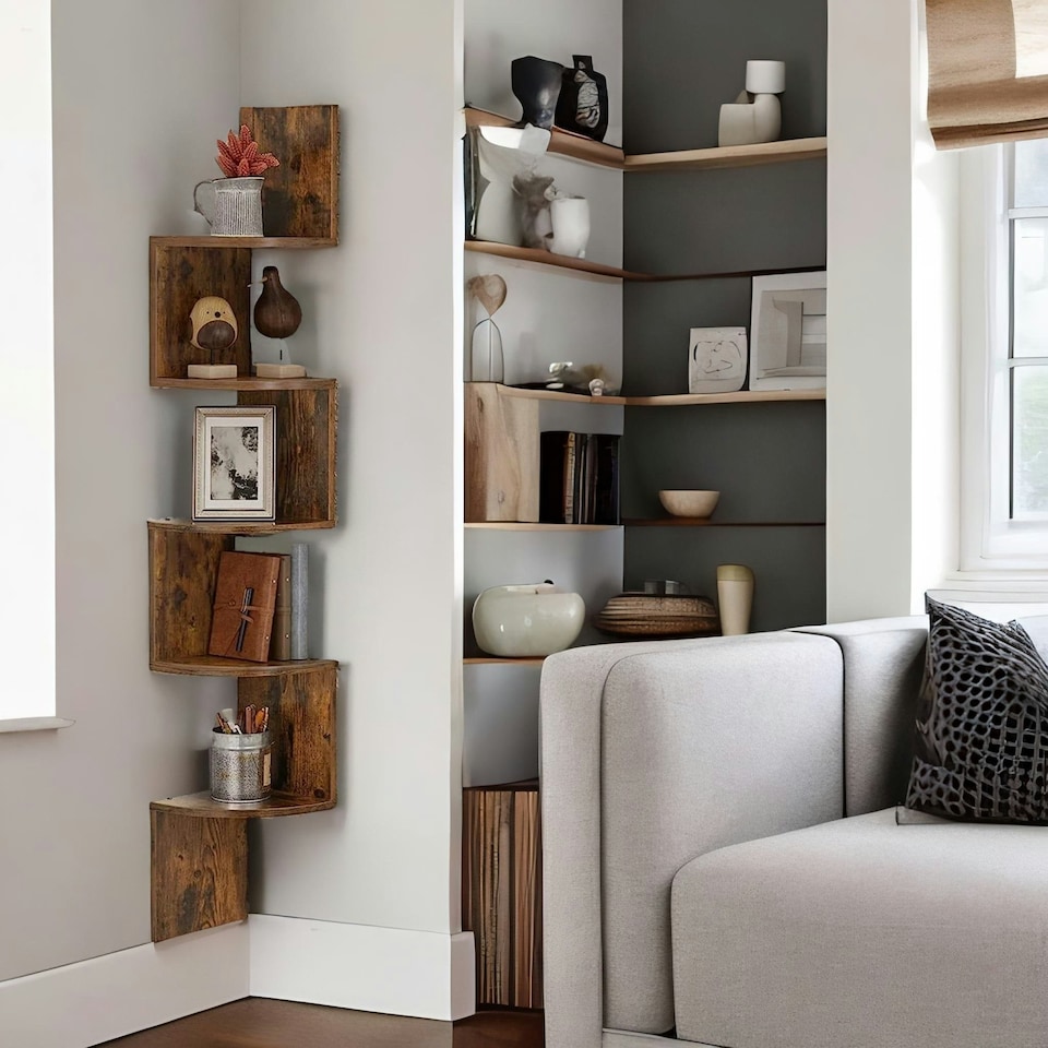 image 1 of 5 Tier Wall Mounted Floating Corner Shelf Rustic Brown Brown | One Size