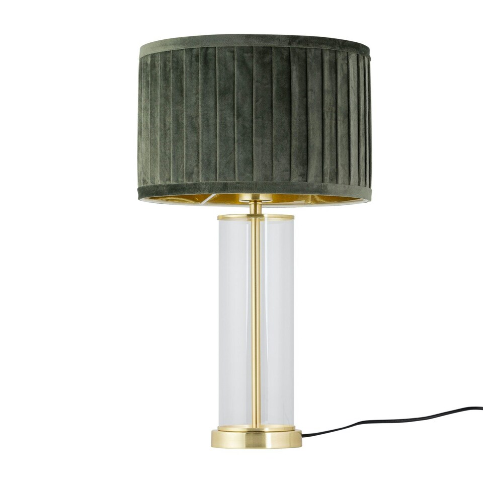 image 1 of Set of 2 Aura - Satin Brass Lamps with Green Pleated Velvet Shades Bronze | Green