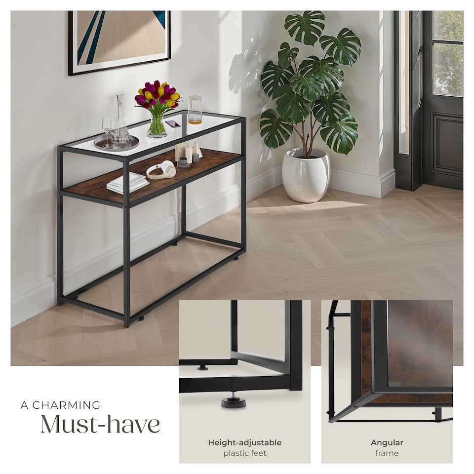 image 1 of Console Table Kilkenny - 2 shelves, with glass top surface | Brown | Industrial wood dark, rustic | 100 x 41 x 80,50 cm | 1