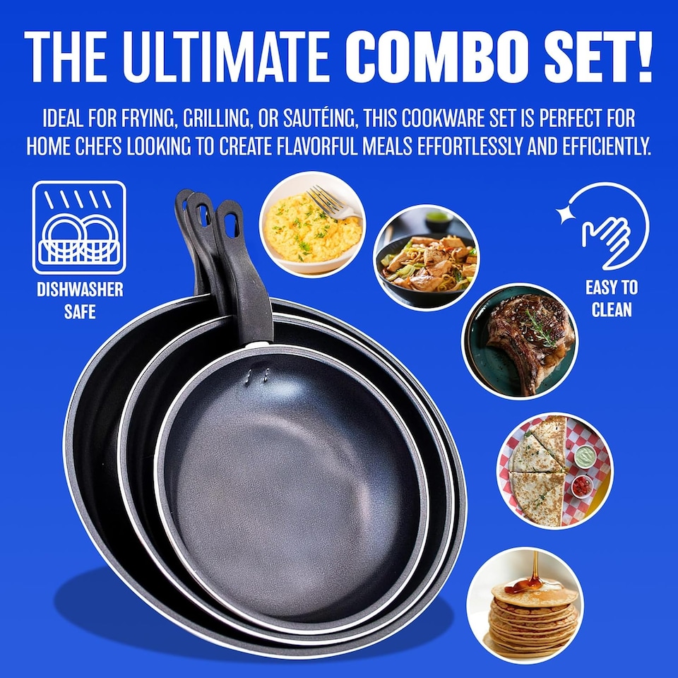 image 1 of Set Of 3 Frying Pan Non Stick Fry Kitchen Eggs Breakfast Dinner Pasta Cookware Set