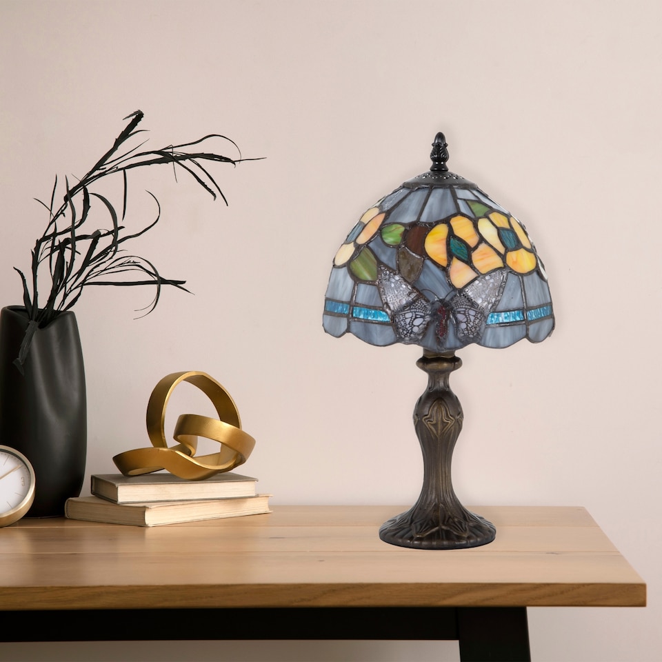 image 1 of Purple Stained Glass Butterfly Tiffany Lamp with Amber Roses and Sky Blue Strips | Purple