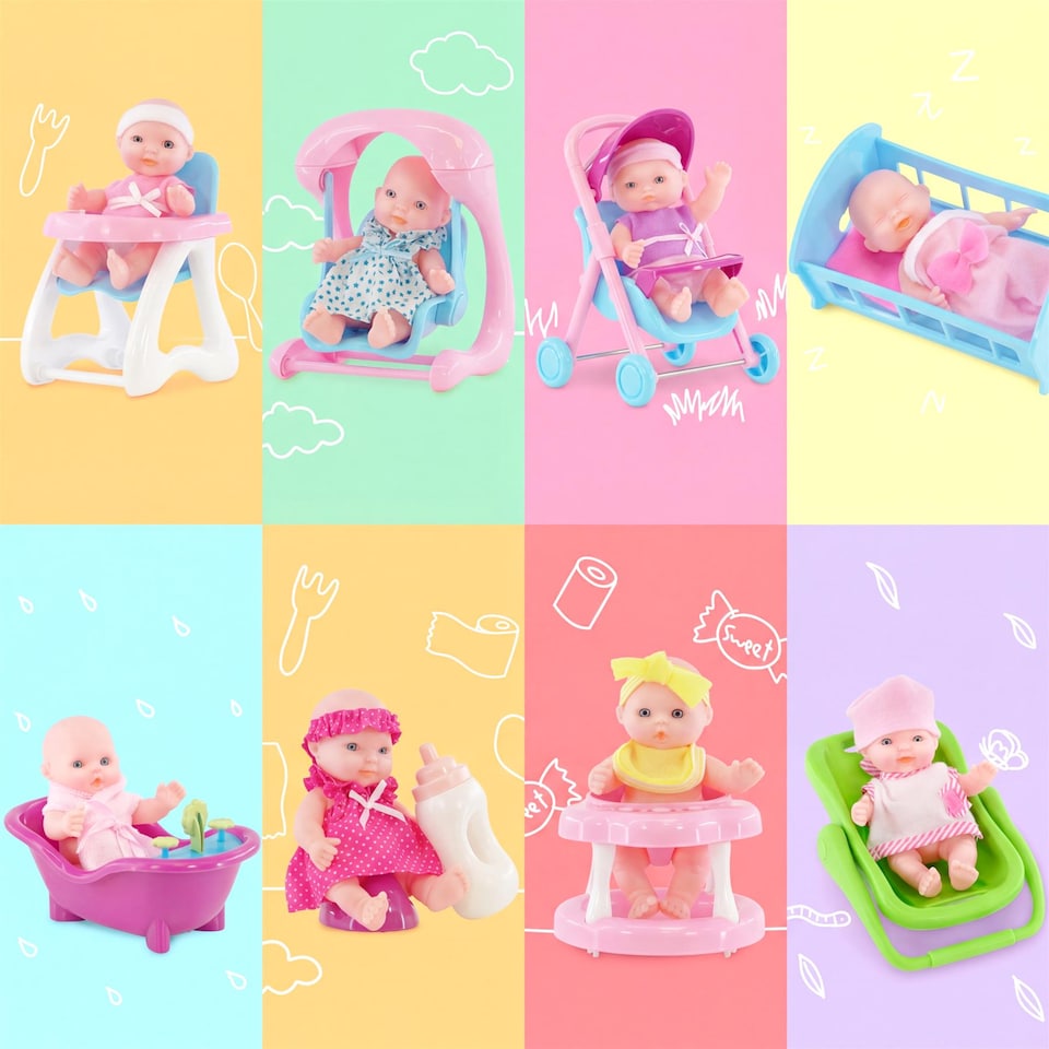 image 1 of BiBi Doll 8-Piece Mini 5" Baby Dolls Playset Toys with Accessories