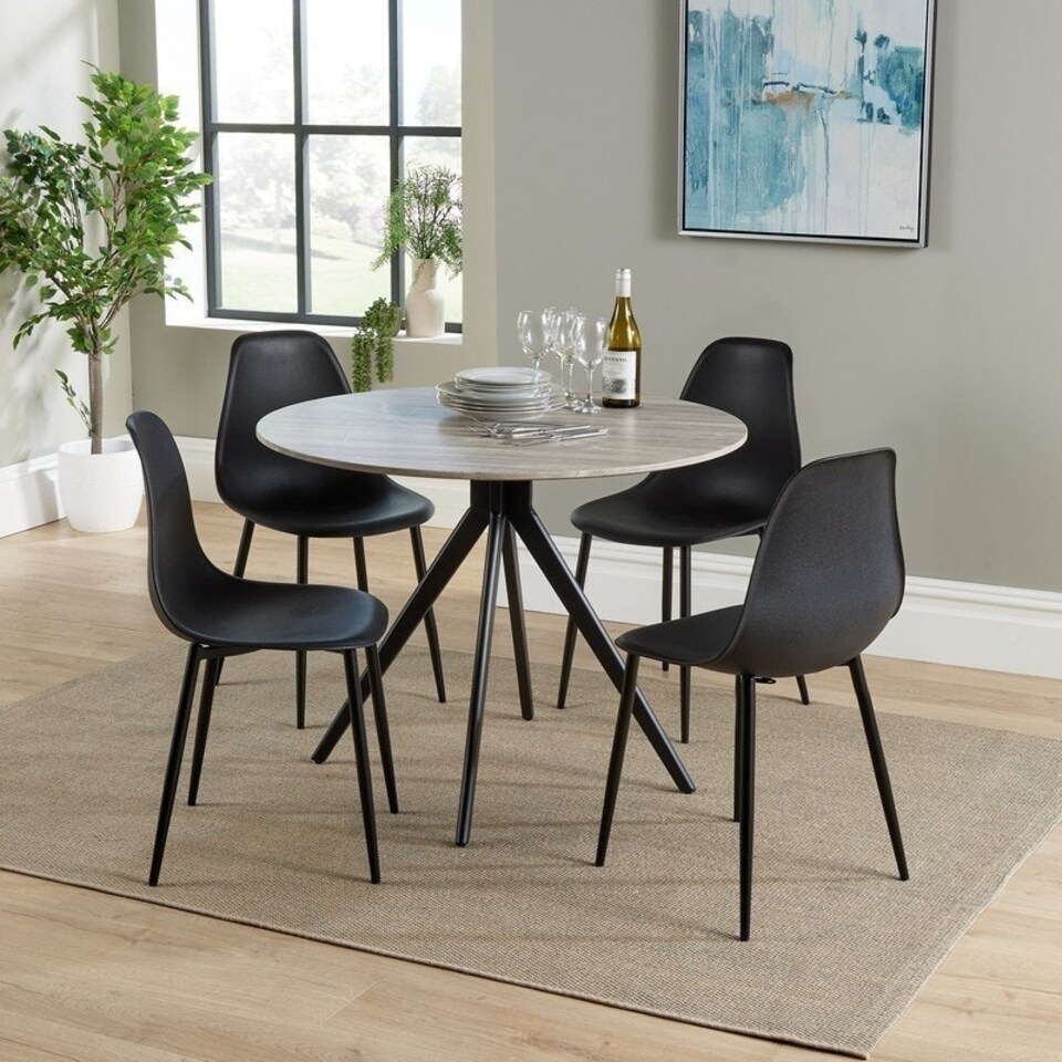 image 1 of Aspen Round Dining Table and 4 Curve Plastic Seats Chairs with Metal Legs - Black/Grey Oak - Flat Packed Black