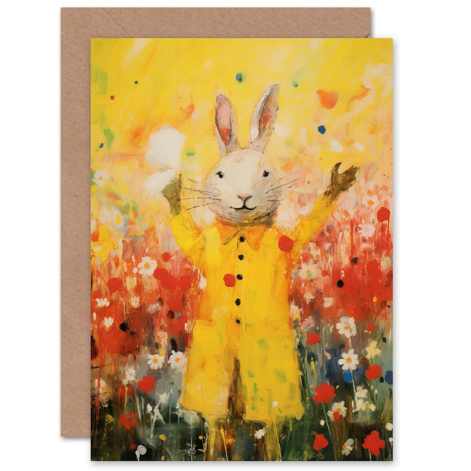 image 1 of Rain Mac Floral Ren Kids Rabbit Child Kids Birthday Card