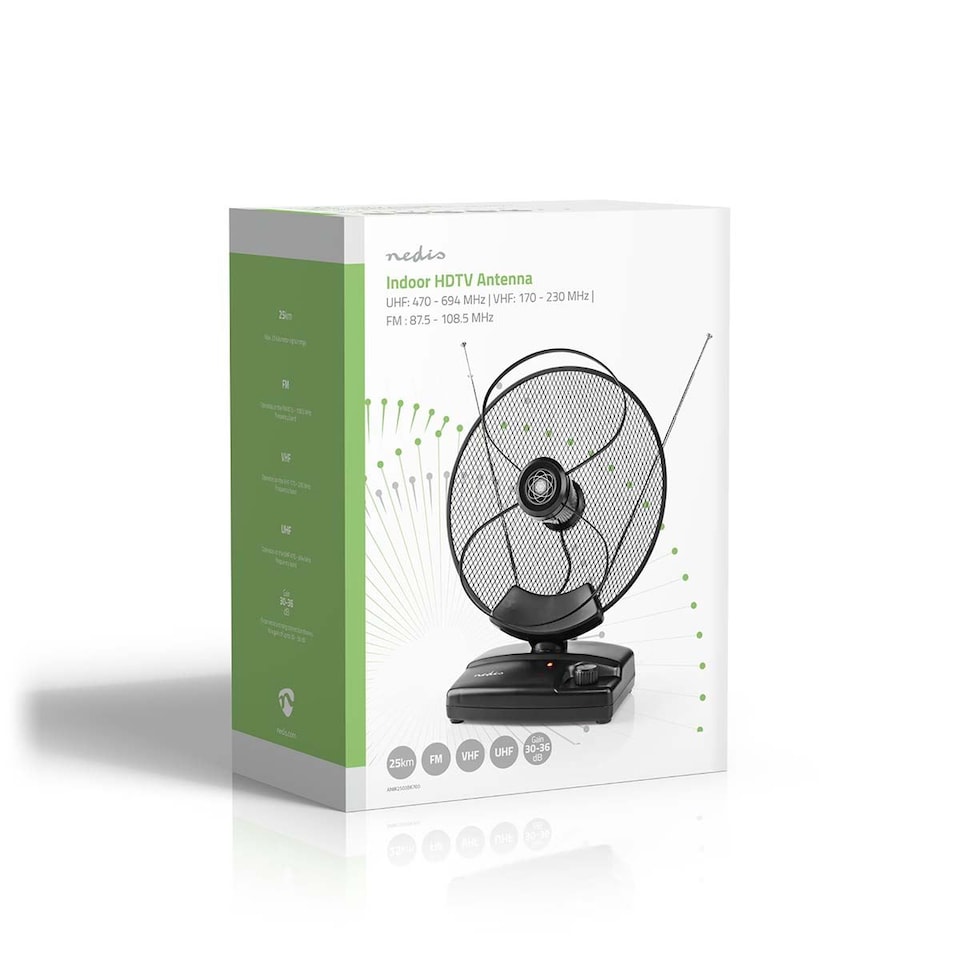 image 1 of Nedis Indoor HDTV Antenna 25km 30-36dB High Gain, Digital DVB-T/DVB-T2 / UHF/VHF/FM TV Aerial for Freeview and Analogue Signals, with 4G LTE700 Filter