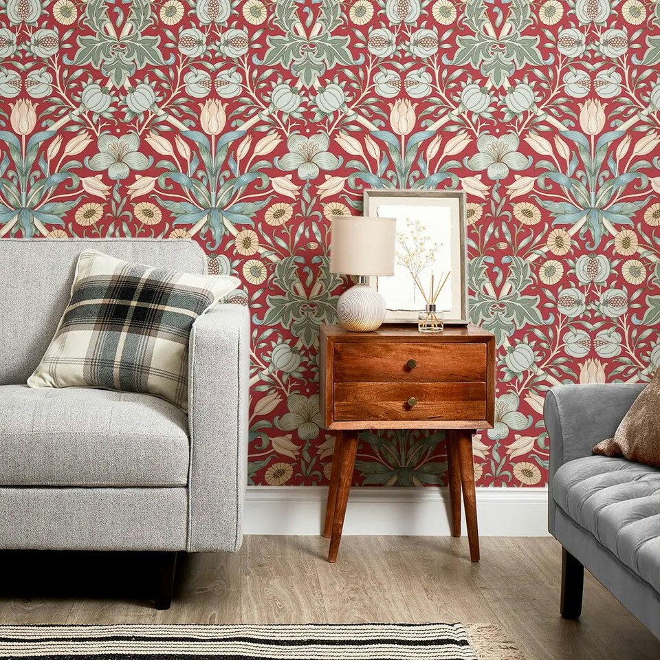 image 1 of Pomegranate Grove Wallpaper in Rich Red Multi