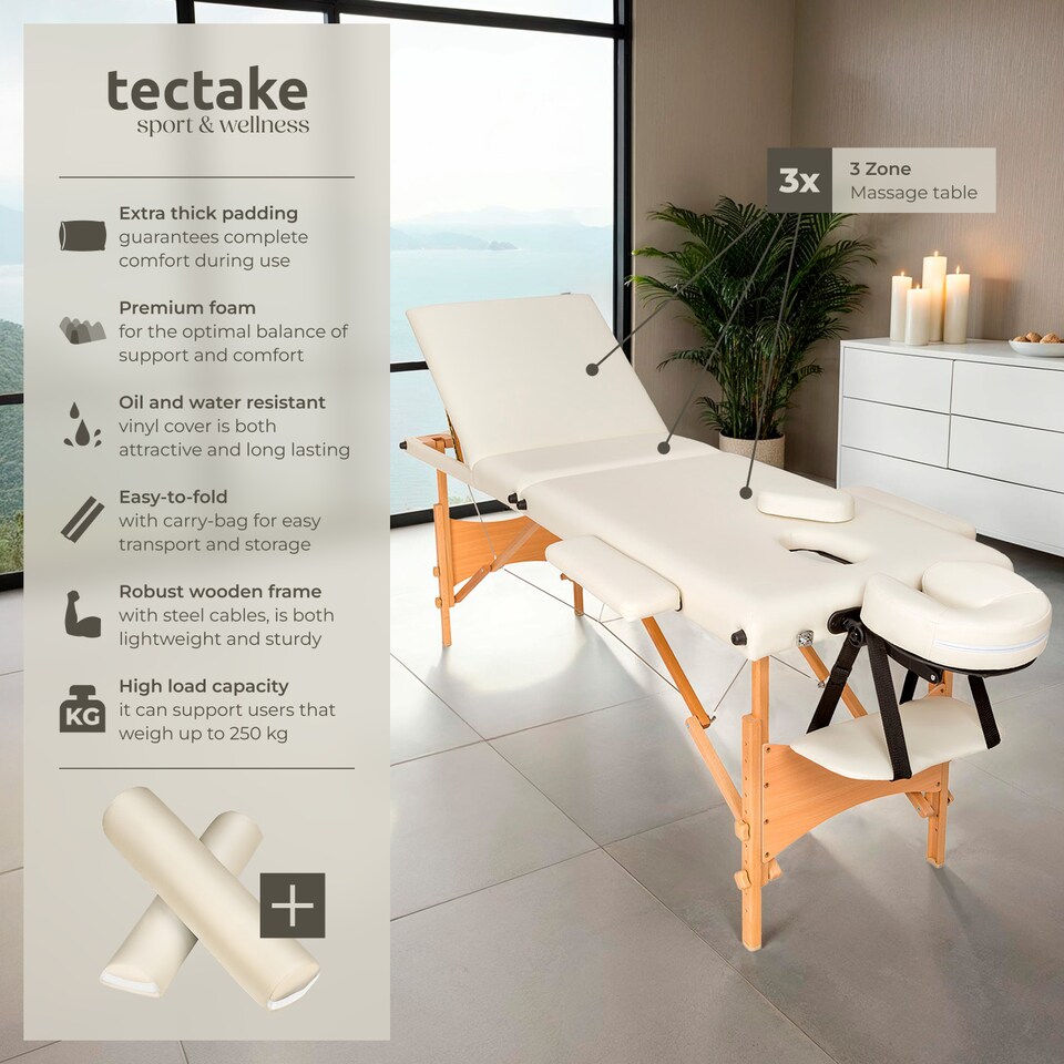 image 1 of Massage Table - 3-zone bed, wooden frame, bolsters, carry bag, head and armrests | Cream | beige | 1
