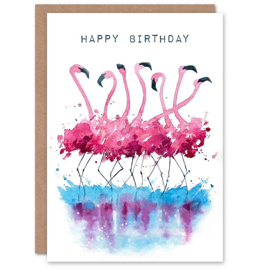 image 1 of Happy Birthday Dancing Flamingos Watercolor Birthday Card