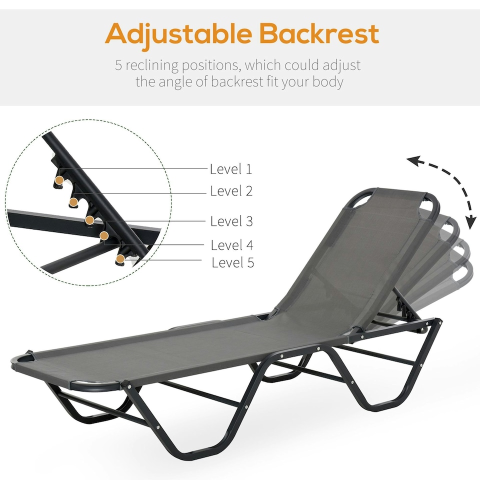 image 1 of Outsunny Sun Lounger Relaxer Recliner with 5-Position Adjustable Backrest Grey