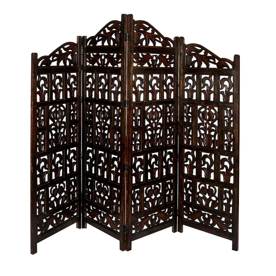 image 1 of 4 Panel Heavy Duty Carved  Screen Wooden Gamla Design Room Divider Dark Brown 200 x 180 cm | Brown | Dark Brown | 200 x 180 cm