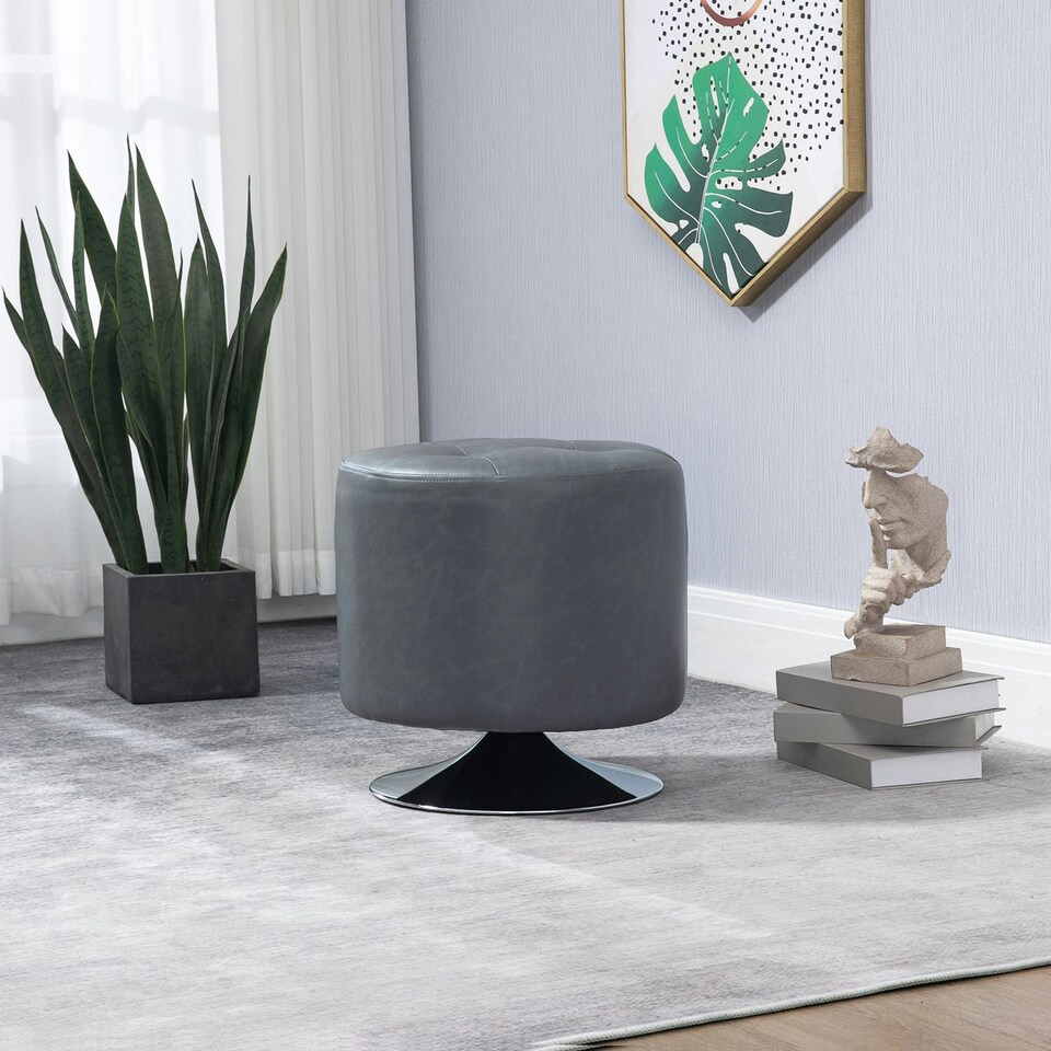 image 1 of HOMCOM 360° Swivel Foot Stool PU Footstool with Thick Padding, Grey