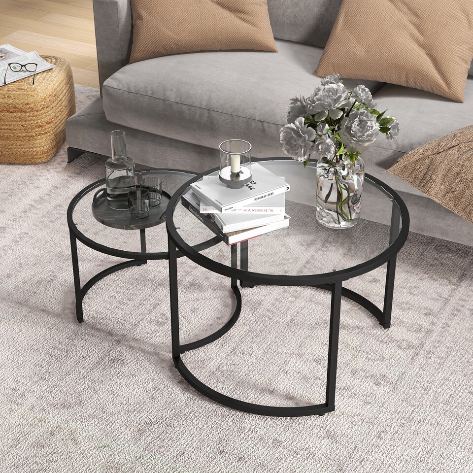image 1 of HOMCOM Coffee Table Set of 2, Modern Nest of Tables with Tempered Glass Top, Steel Frame for Living Room, Black | Black