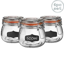 Argon Tableware Glass Storage Jars with Labels - 500ml - Orange Seal - Pack of 6