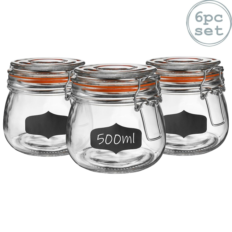 image 1 of Argon Tableware Glass Storage Jars with Labels - 500ml - Orange Seal - Pack of 6