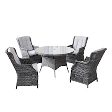 Direct Wicker Outdoor 5 Piece Rattan Dining Table Chairs Set, Aluminum Round Table with Tempered Glass, 4 Armchairs | Grey