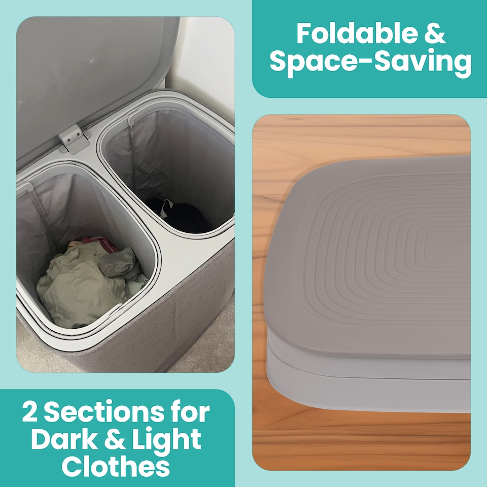 image 1 of 90L Laundry Basket with Lid & 2 Removable Bags, Washing Bin with Plastic Frame