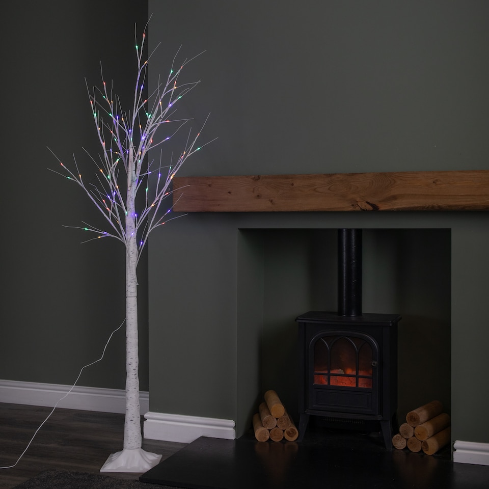 image 1 of 1.8m (6ft) Outdoor Christmas Light Up White Birch Tree with 80 Multicoloured LEDs