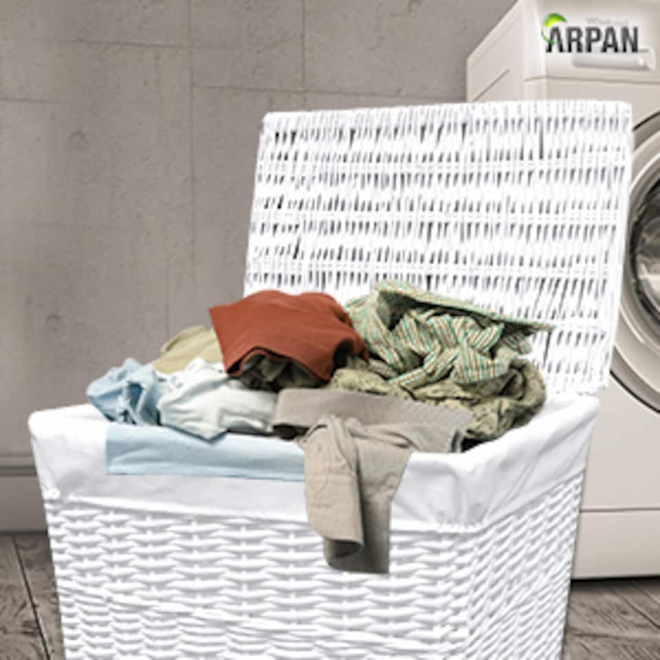 image 1 of ARPAN White Wicker Laundry Basket with Lid & Removable Washable Liner, Natural Woven Clothes Washing Hamper, Laundry Storage Basket for Bedroom, Bathroom & Utility Room