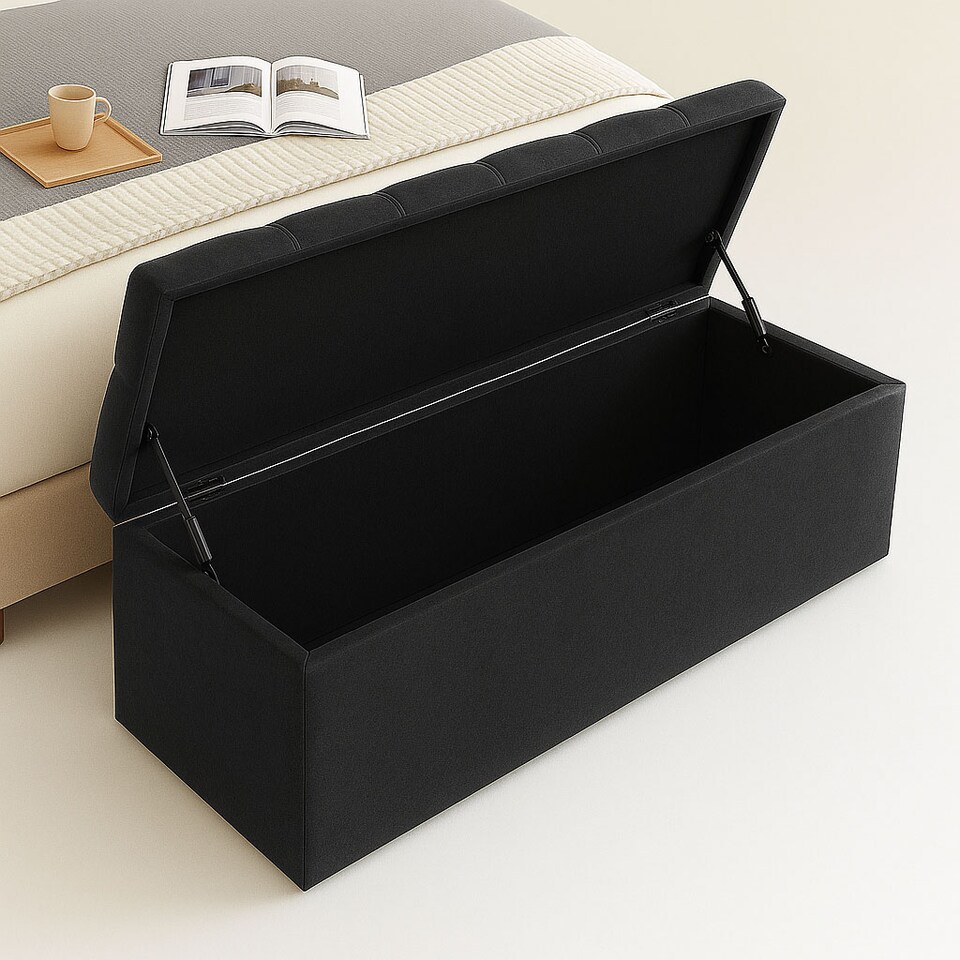 image 1 of 180cm Chesterfield Ottoman Storage Box, Black Plush Velvet Upholstered Blanket Box, End of Bed Bench, Deep Storage Chest