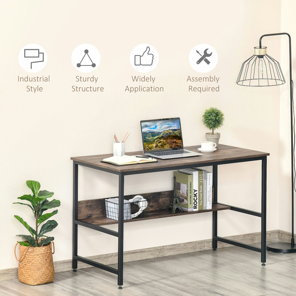 image 1 of HOMCOM 2-Tier Writing Desk Metal Frame Smooth Shelves Storage Shelf Rustic Brown