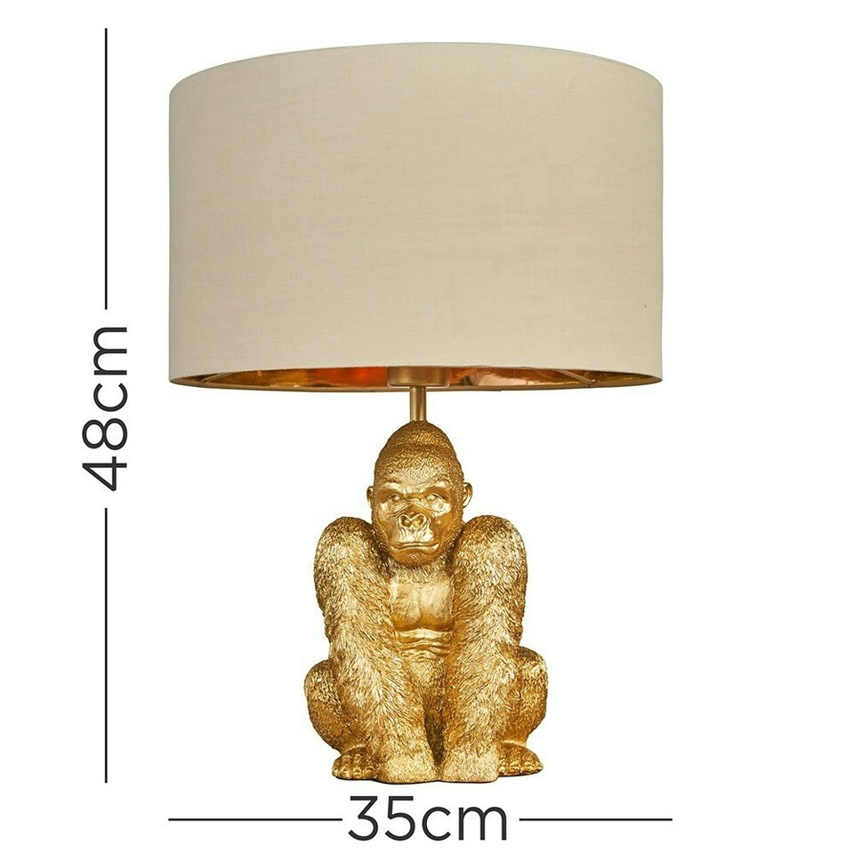 image 1 of ValueLights Gus Modern Gold Sitting Gorilla Monkey Design Table Lamp with Beige Gold Cylinder Shade