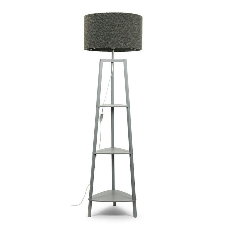 image 1 of ValueLights Hiru Grey 3 Tier Shelf Floor Lamp with Large Charcoal Drum Shade and LED Bulb Grey