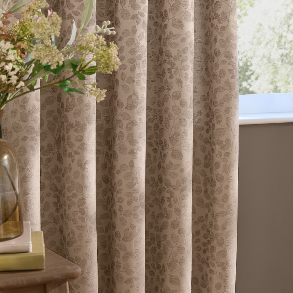 image 1 of Wylder Grace Leaf Jacquard Fully Lined Pencil Pleat Curtain Pair, Taupe, (W) 168 x (D) 137cm | Cream | Taupe | 1
