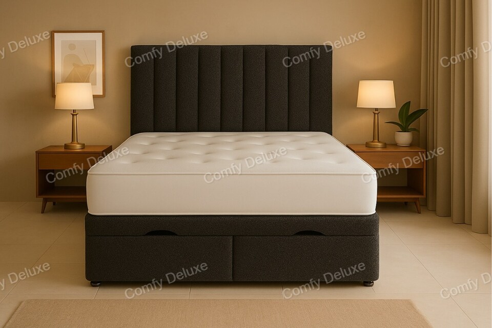 image 1 of Ottoman storage grey teddy 4ft6 double bed set with headboard and mattress