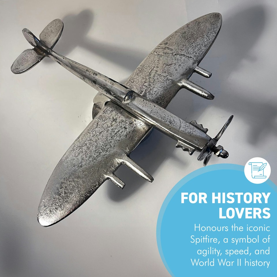 image 1 of Cast Aluminium Spitfire Model Plane display model on stand with distressed silver finish