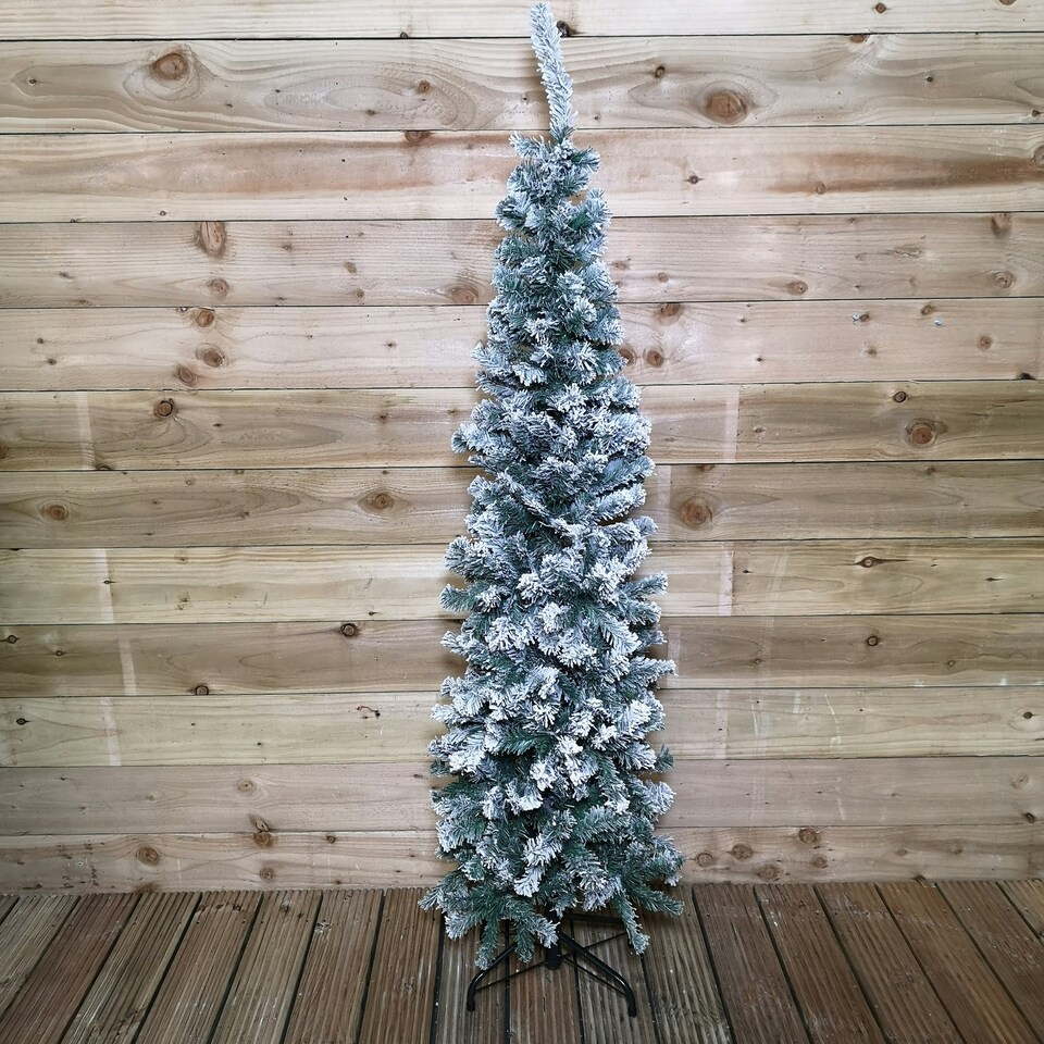 image 1 of 5.5ft (1.7m) Premier Snow Flocked Spruce Pine Slim Christmas Tree in Green