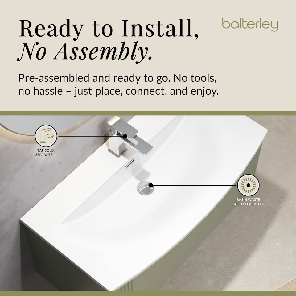image 1 of Balterley Partial Fluted 1 Drawer Wall Hung Vanity Unit with 1 Tap Hole Curved Basin | Green | Satin Green