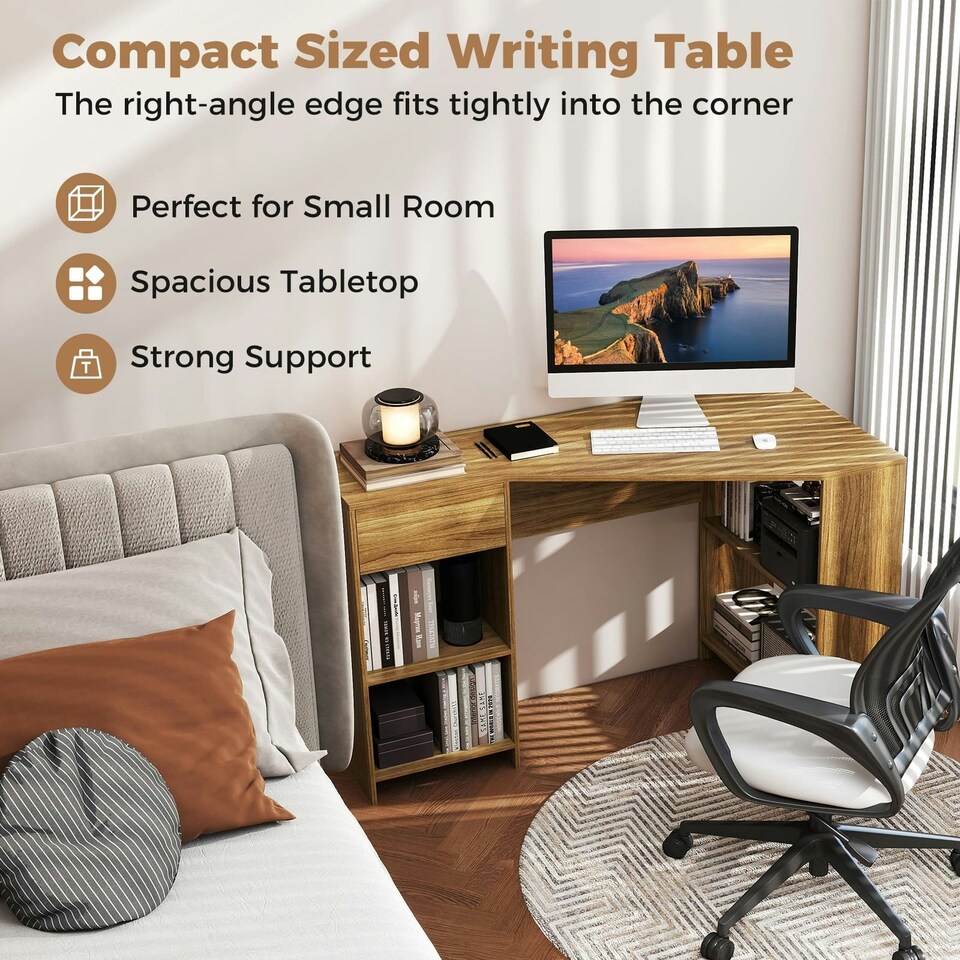 image 1 of COSTWAY L-Shaped Computer Desk Corner Table w/Storage Natural Brown
