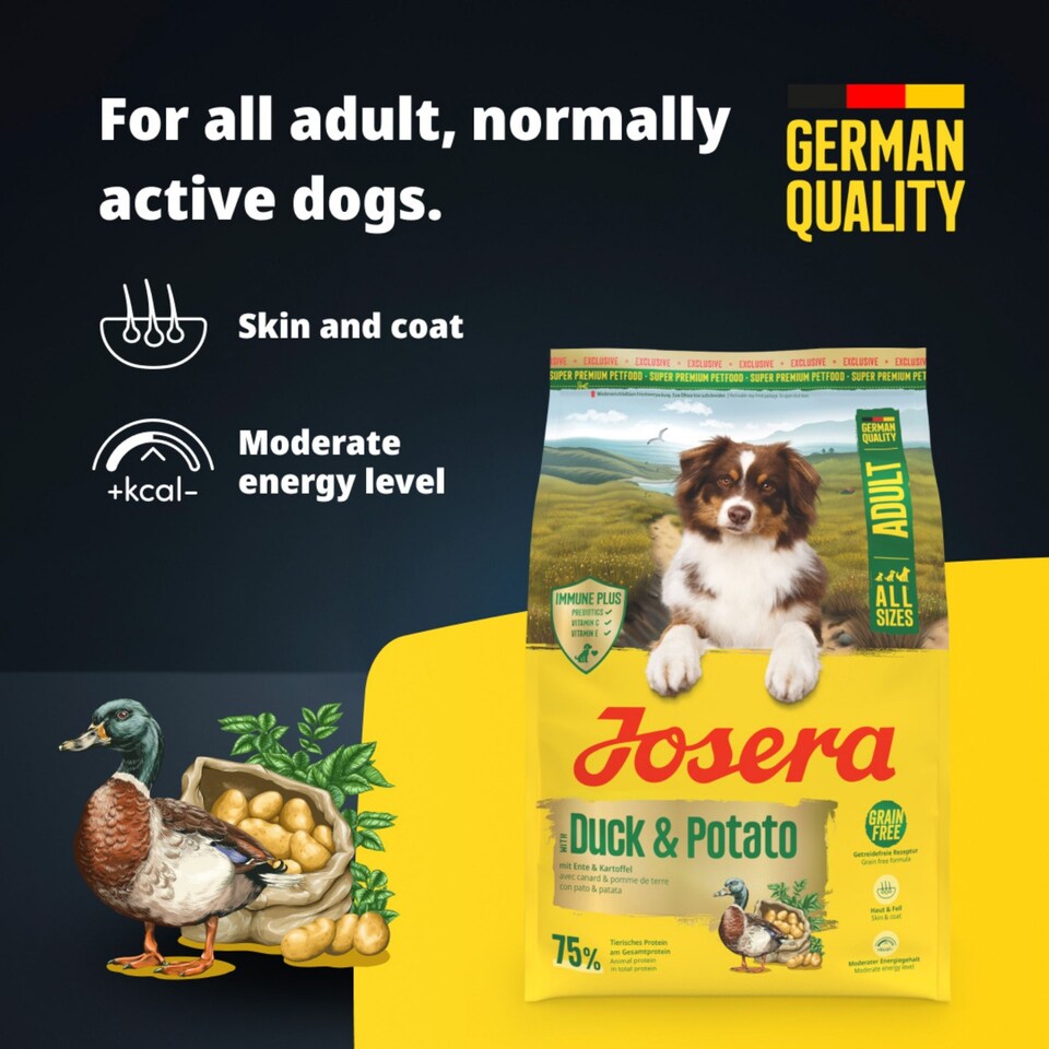 image 1 of Josera Adult Duck & Potato complete dog food | Grain-free | Single meat protein | All breed sizes | Immune Plus | Optimal digestion | 3x3kg