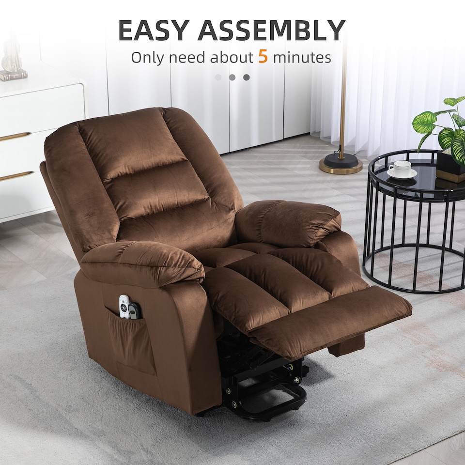 image 1 of HOMCOM Velvet Riser and Recliner Chair for the Elderly, Quick Assembly, Fabric Overstuffed Lift Chair with Vibration Massage and Heat, Remote Control, Side Pockets, Dark Brown | Brown | Dark brown