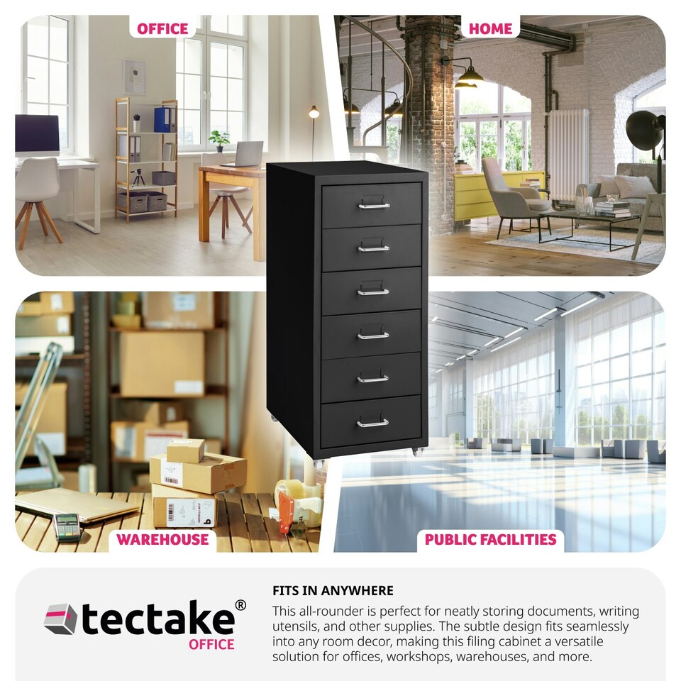 image 1 of Filing Cabinet - made of steel, 4 wheels, 6 drawers, label holders, easy assembly Black